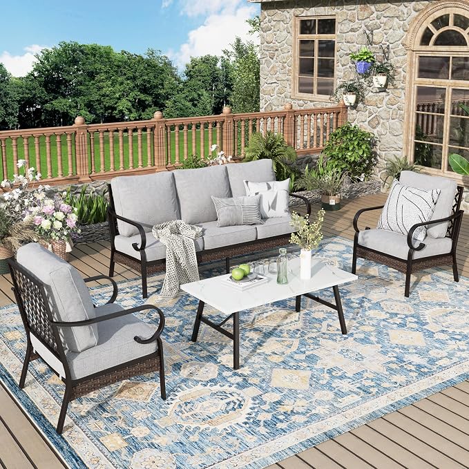 MIXPATIO Patio Furniture Set with Coffee Table, Outdoor Conversation Set with 2 x Fixed Chairs, 1 x 3-Seat Sofa for Lawn Garden Backyard, Light Grey