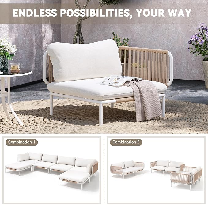 Crestlive Products Outdoor Patio Furniture Set, 6 Seater Modular Oversized Patio Conversation Set with Cushions, Modern Metal Sectional Outdoor Couch for Backyard, Deck, Porch, or Poolside, Beige