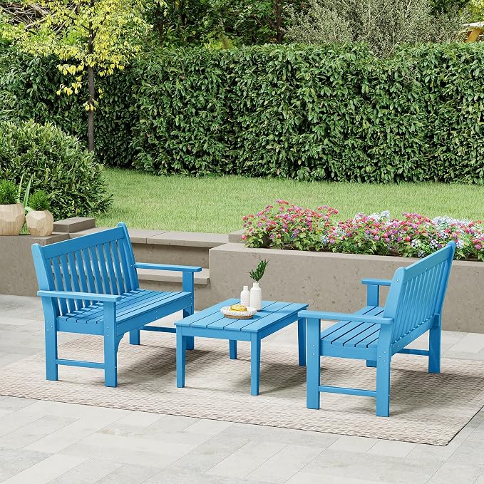 WestinTrends Malibu 3-Piece HDPE Outdoor Patio Furniture Couch and Coffee Table Set, Pacific Blue