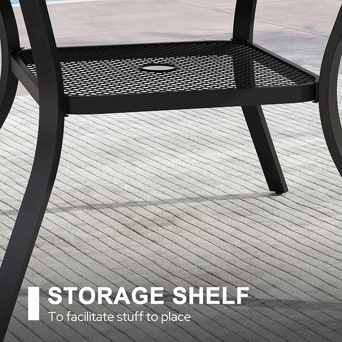 VICLLAX Patio 7 Pieces Outdoor Dining Set, 47.2" Round Metal Table with Umbrella Hole and Storage Shelf, 6 Swivel Textilene Chairs for Lawn, Garden, Porch, Black/Dark Grey