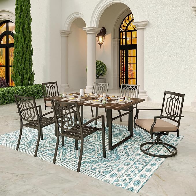 SUNSHINE VALLEY Patio Dining Set,Wood-Like Metal Table w/Umbrella Hole | 64x38 Table&6 Pcs Rust-Proof Stackable Chairs, Outdoor Table and Chairs Set for Backyard Garden Deck