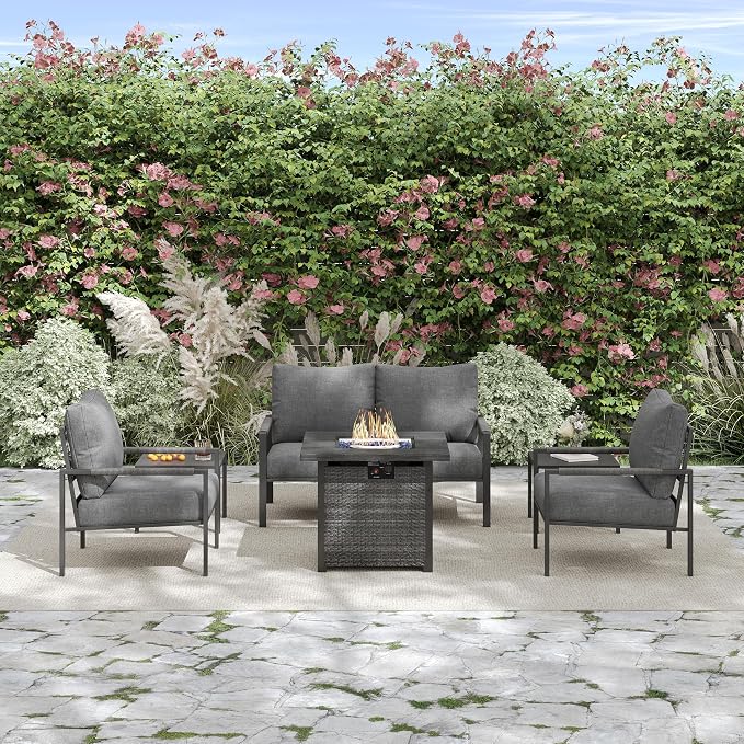 6 Pieces Rattan Outdoor Furniture Set, All-Weather Patio Conversation Set with Dark Grey Cushions, Coffee Tables and 28" Fire Pit Table