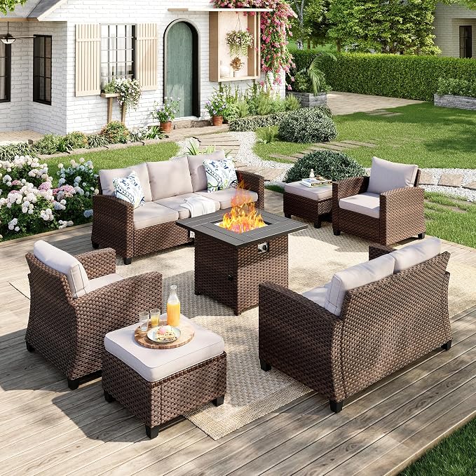 MIXPATIO Patio Furniture Set, 7 Pcs Wicker Outdoor Conversation Set, 2 x Leg Chairs, 1 x 3 Seater Sofa, 1 x 2-Seat Lover Sofa and 2 x Ottomans with 4" Thick Cushion and 32" Fire Pit Table, Beige