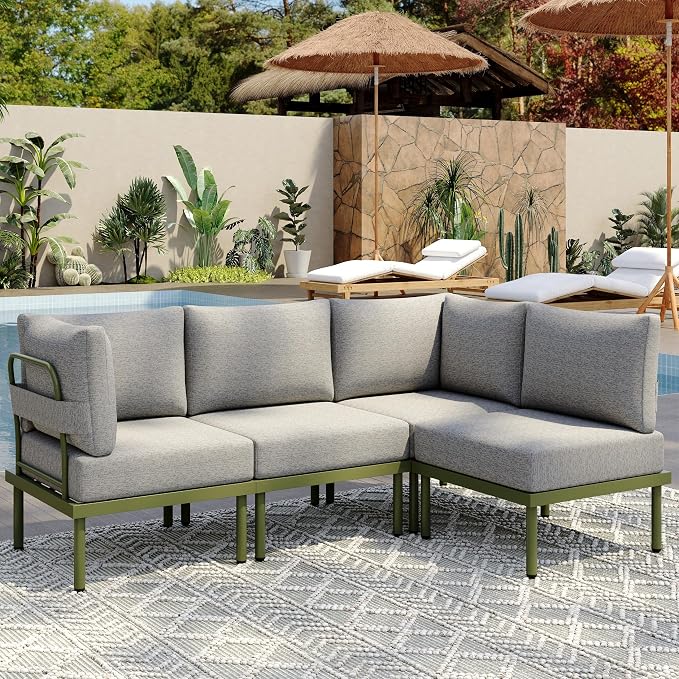 Sundale Outdoor 4 Pieces Patio Furniture Set, Metal Sectional Sofa Patio Conversation Set with 6 Inch Cushions, Modern Patio Corner Couch for Balcony, Porch, Sunroom (Grey/Green)