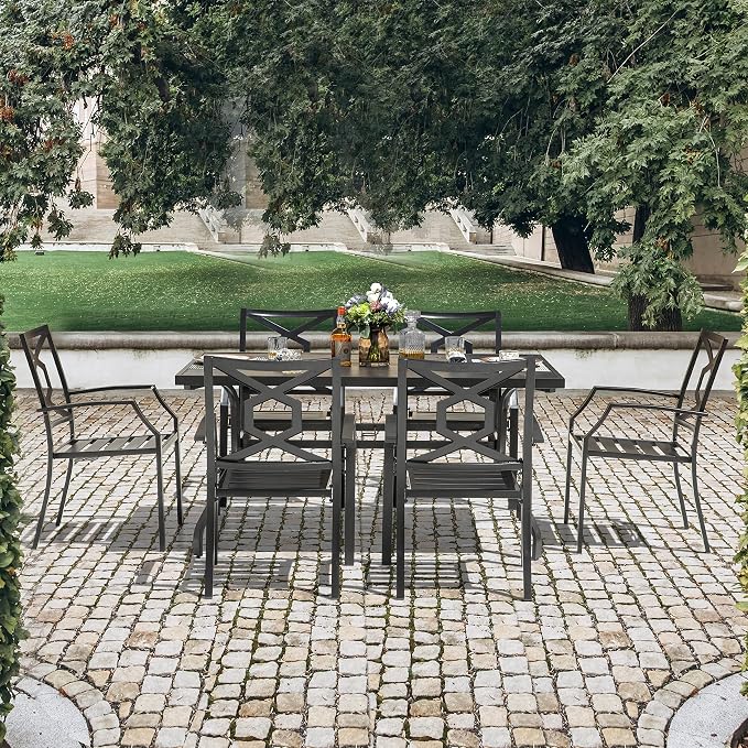 NUU GARDEN 7 Piece Outdoor Dining Set, 61” Rectangular Metal Dining Table with Umbrella Hole, Stackable Dining Chairs for Backyard, Deck, Yard, Garden, Black
