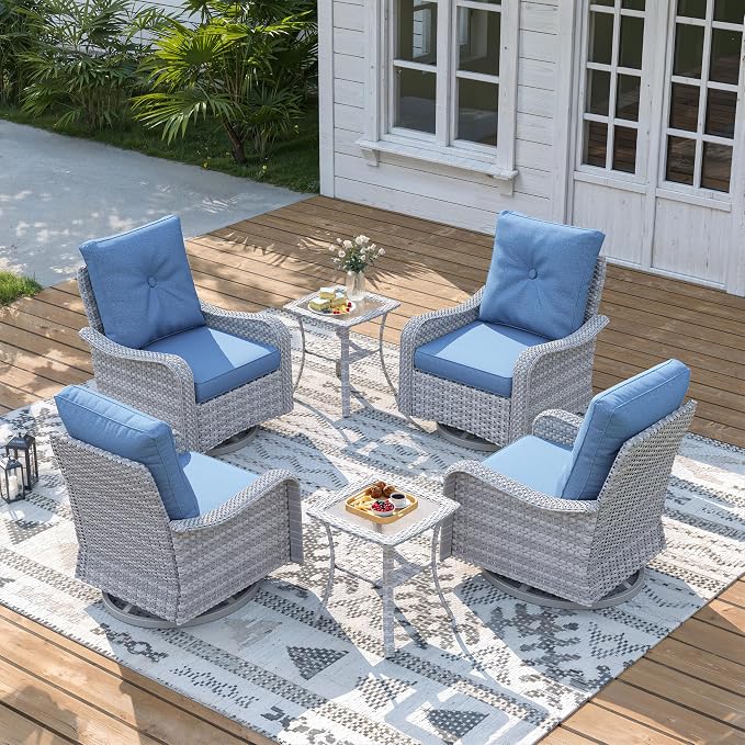 6 Piece Wicker Patio Furniture Set, Swivel Rocking Chairs with 4''Cushions, PE Rattan, Rust Resistant Frame, Double Layer Glass Side Table, for Backyard, Deck or Balcony, Navy