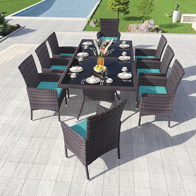 Kullavik 10 Pieces Outdoor Dining Set Patio Rattan Furniture Set,Patio Dining Table and Chairs Set with 8 Chairs and Cushions,Square Glass Tabletop with Umbrella Hole for Patio,Backyard,Blue