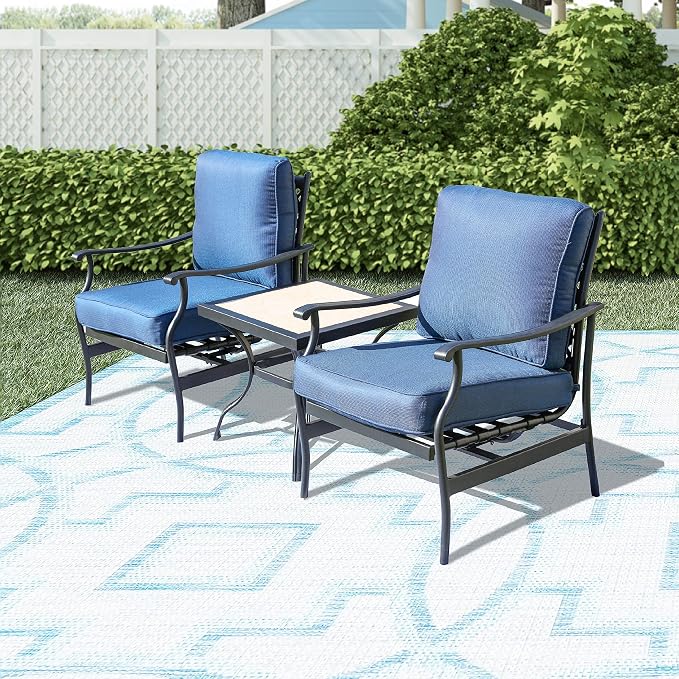 LOKATSE HOME 3 Piece Outdoor Furniture Set with 2 Patio Bistro Conversation Chairs and 21 inch Square Dining Table, Blue