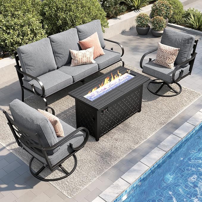 PHI VILLA Patio Furniture Set, 3-Seater Sofa, 2 Swivel Chairs and a 45" Fire Pit Table, Outdoor Metal Conversation Set with 5.75" Extra Thick Cushion for Garden Backyard Deck, Grey