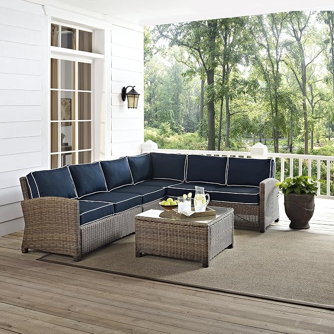Crosley Furniture Bradenton 5-Piece Outdoor Sectional Sofa Wicker Conversation Patio Furniture Set for Deck, Brown with Navy Cushions