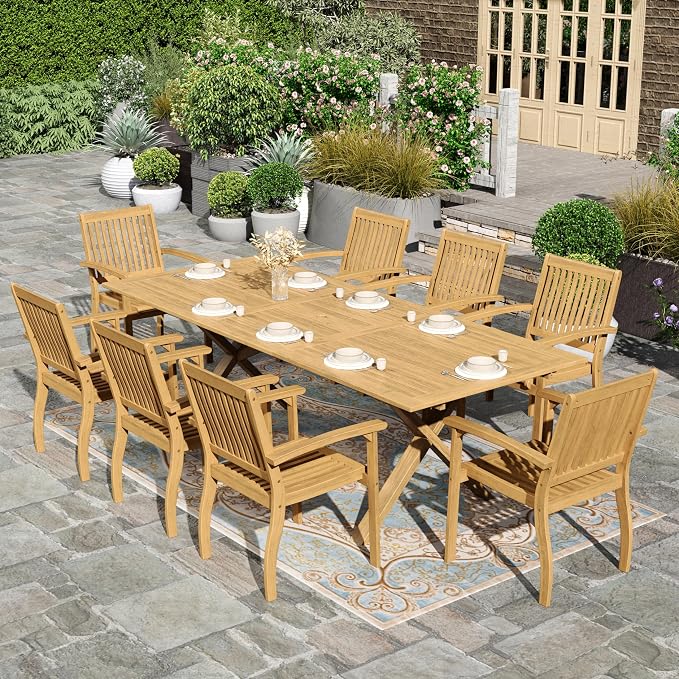 HERA'S HOUSE 9pc Patio Dining Set, Expandable Acacia Wood Table + 8 Chairs | Rectangular wooden table with umbrella hole, Fade-resistant, all-weather furniture for backyard, garden & poolside