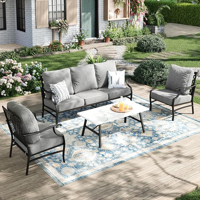 MIXPATIO Patio Furniture Set 4 pcs, Metal Outdoor Patio Furniture, 3-Seat Sofa, 2 Single Chairs, Metal Coffee Table and 5.75" Extra Thick Cushion, Patio Conversation Set for Garden Backyard Deck,Grey