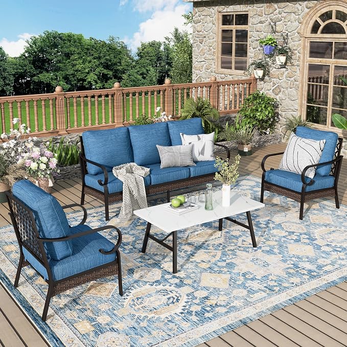 MIXPATIO Patio Furniture Set with Coffee Table, Outdoor Conversation Set with 2 x Fixed Chairs, 1 x 3-Seat Sofa for Lawn Garden Backyard, Pacific Blue