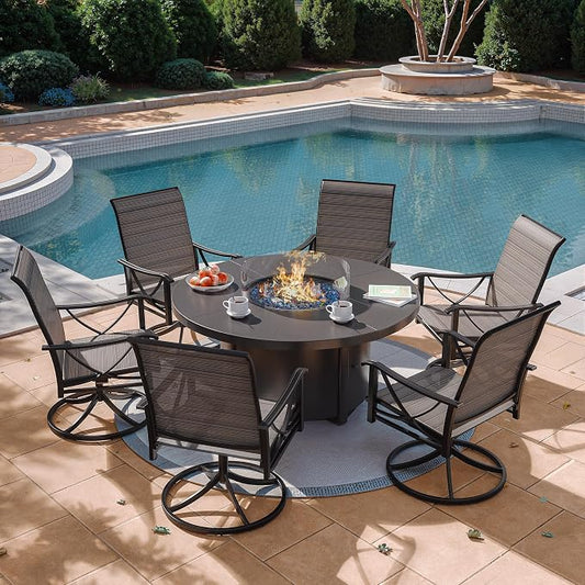 Kurapika 7 Piece Outdoor Conversation Sets, Patio Furniture Set, 6 Textilene Fabric Swivel Chairs and w/48in Propane Round Fire Pit Table for Deck Garden Backyard Porch,Brown