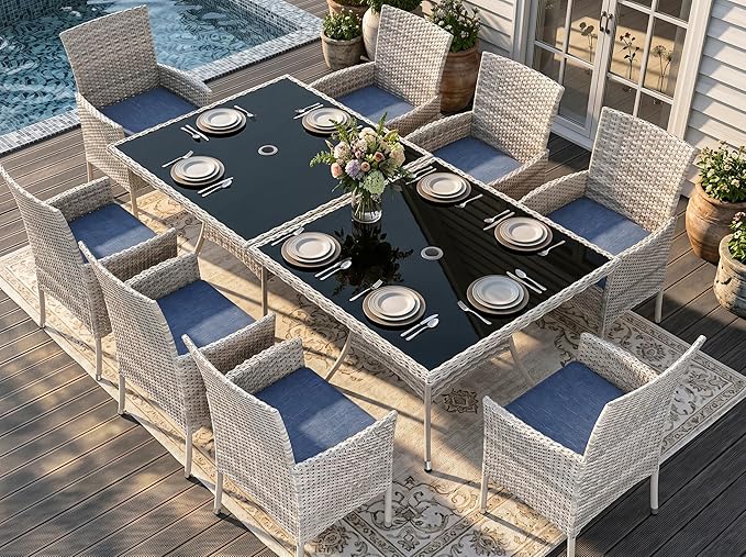 Outdoor Dining Set, 10-Piece Patio Furniture Set with Tempered Glass Table and 8 Cushioned Chairs, Dual-Strand Wicker Rattan, Balcony Furniture for Backyard, Garden, Deck,– Navy Blue