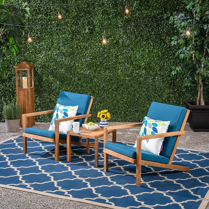 Christopher Knight Home Nick Outdoor 3 Piece Acacia Wood Chat Set, Brown Patina and Dark Teal