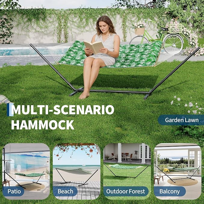 Green with Leaves Pattern 2 Person Hammock with Stand, 2 Person Hammock with Pillow, 450 LBS Capacity Heavy Duty Steel Stand, Freestanding Hammock for Patio, Backyard, Outdoor