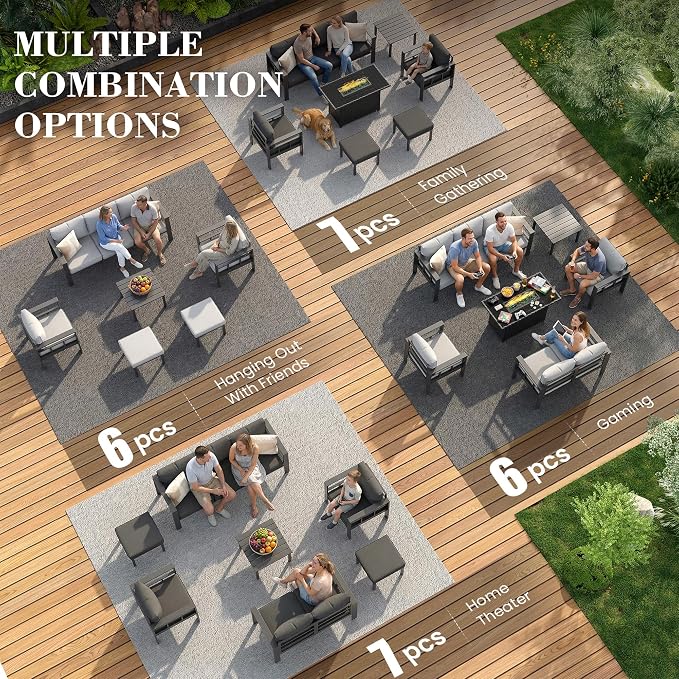 UDPATIO Aluminum Patio Furniture Set with 2 Ottomans, 7 Pieces All-Weather & UV-Resistant Outdoor Furniture for Deck, Backyard, Poolside, Dark Gray