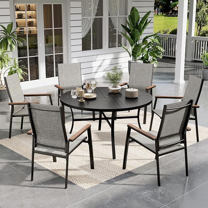 Sophia & William Round Patio Dining Set for 6 with Aluminum Chairs, Grey | Metal table, Stackable sling chairs, Breathable & quick-drying, Light-weight & space-saving, Umbrella Hole, Outdoor, 7 piece