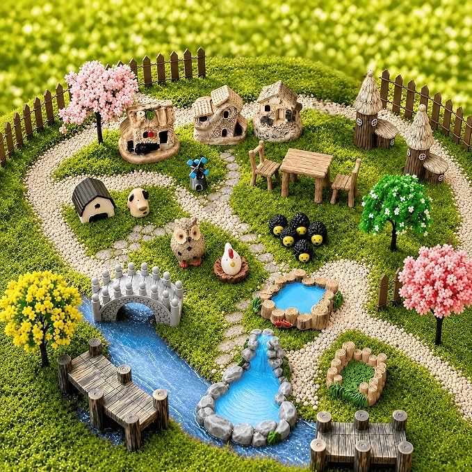 33 Pcs Fairy Garden Kit, Resin Fairy House Accessories with Animal Figurines & Fences, Stable & Noticeable Terrarium Decor for Outdoor Planters and DIY Micro Landscapes