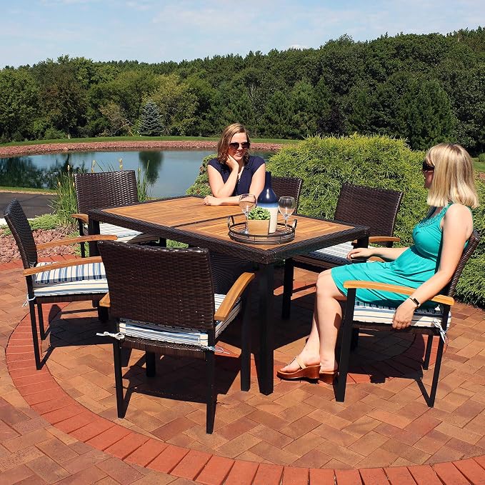 Sunnydaze Carlow 7-Piece Rattan and Acacia Outdoor Dining Set - 1 Table and 6 Chairs with Seat Cushions - Blue Stripe
