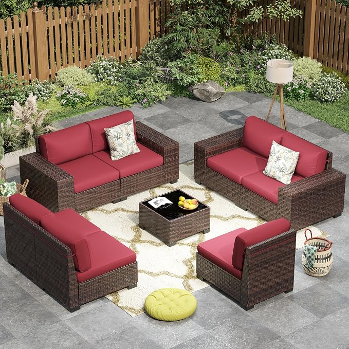Outdoor Patio Furniture Set, 8‘’ Wide armrest Outdoor Sectional Rattan Sofa Set, Wicker Patio Furniture Sets w/Coffee Table,Thick Cushions for and Cover for Porch,Deck,8 PCS (Brown&Wine)