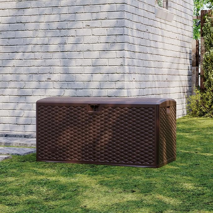 Jojoka 99 Gallon Outdoor Storage Box – Brown Lockable Deck Box with Waterproof & UV-Resistant Lid – Large Capacity Patio Storage Bench for Garden Tools, Cushions & Pool Accessories – Durable Webbing