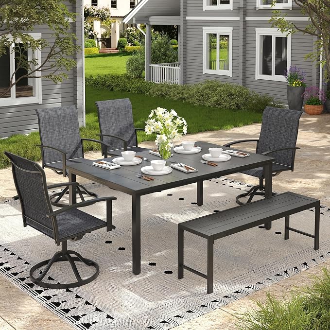 6 Pieces Patio Dining Set for 6-7 People, 63" Rectangular Patio Dining Table and Chairs Set with Outdoor Bench for Garden Deck, Black
