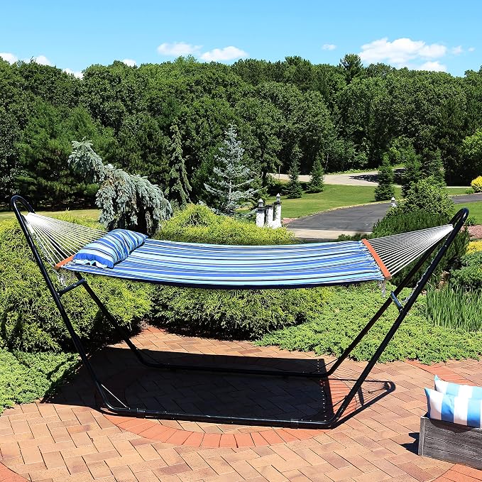Sunnydaze Quilted Double Hammock with Stand for Outside - 440 lb Capacity Universal Black Steel Stand - UV Resistant, Quick Dry Fabric - Pillow, Chains, and Hardware Included - Misty Beach