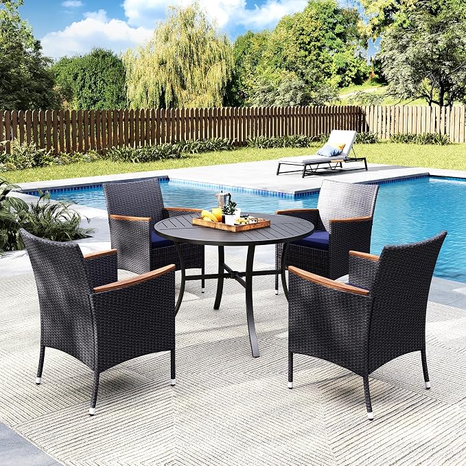 MFSTUDIO Patio Dining Sets for 4, Patio Table and Chairs Set, Outdoor Metal Round Table with Wicker Chairs, Rattan Outdoor Dining Furniture for Deck, Porch