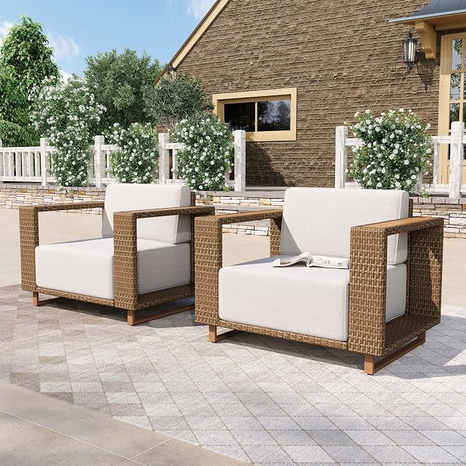 HERA'S HOUSE Patio Wicker Chairs with 10" Thick Cushions, Outdoor Patio Furniture Set of 2, 2-Piece Yellow Rattan Conversation Set with 5.3" Widened Armrest, Low Profile Lawn Garden Deck Furniture