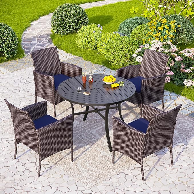 PHI VILLA 5 Piece Outdoor Round Dining Table Set for 4, 42” Metal Dining Table with Umbrella Hole & 4 Cushioned Wicker Chairs for Patio, Deck, Yard, Porch