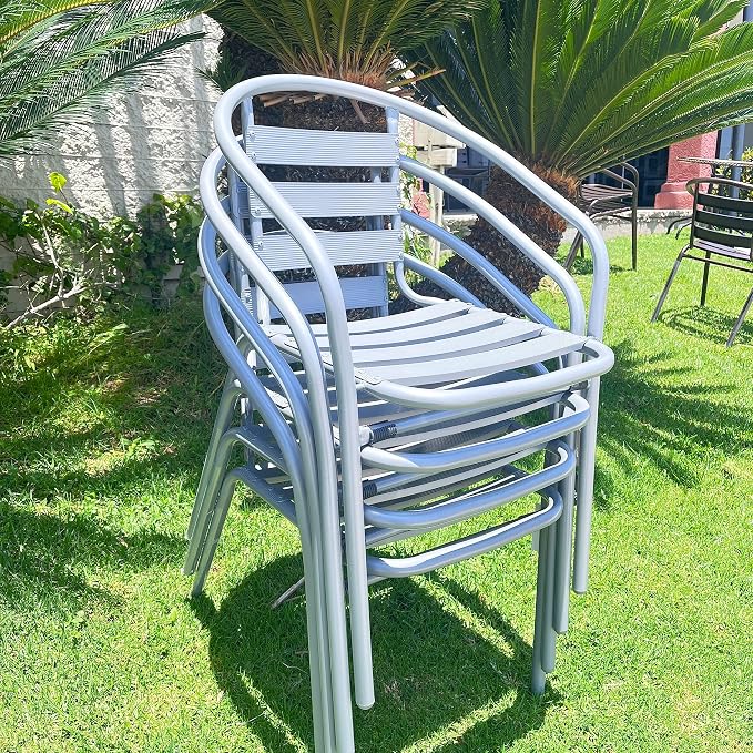 BTEXPERT Indoor Outdoor 27.5" Square Restaurant Table Stainless Steel Silver Aluminum + 4 Silver Gray Metal Aluminum Slat Stack Chairs Commercial