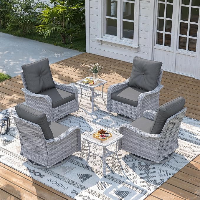 6 Piece Wicker Patio Furniture Set, Swivel Rocking Chairs with 4''Cushions, PE Rattan, Rust Resistant Frame, Double Layer Glass Side Table, for Backyard, Deck or Balcony, Black