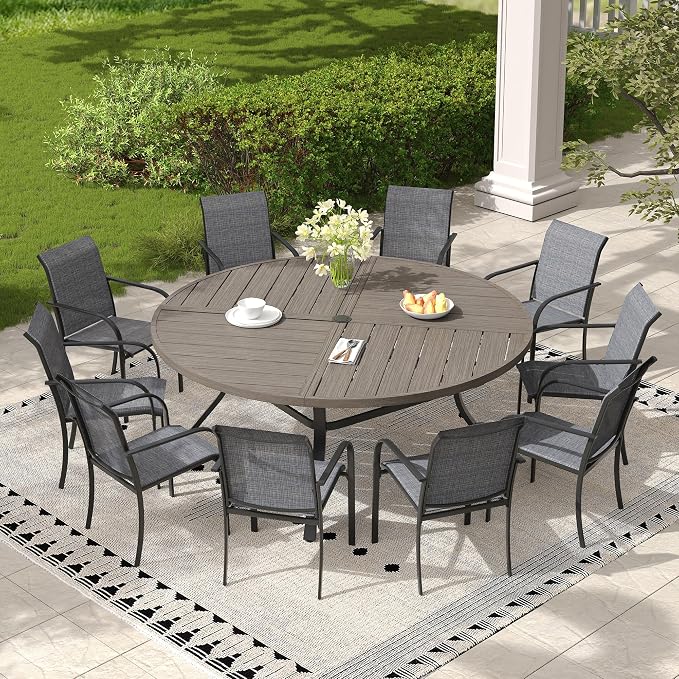 11 Pieces Outdoor Dining Set, Stackable Textilene Paito Chairs & 63.1" Round Dining Table with Umbrella Hole, Patio Dining Set for Backyard, Deck, Garden, Grey