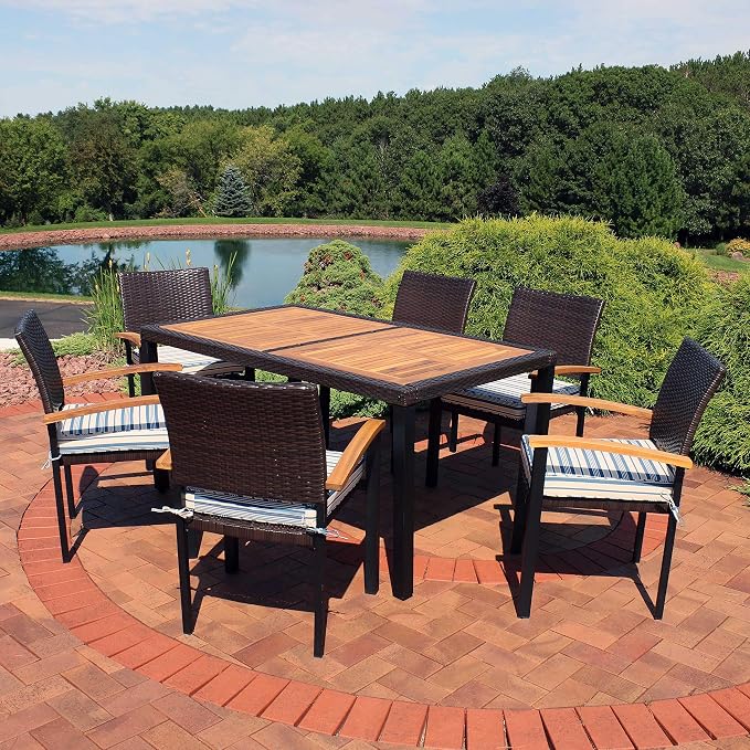 Sunnydaze Carlow 7-Piece Rattan and Acacia Outdoor Dining Set - 1 Table and 6 Chairs with Seat Cushions - Blue Stripe