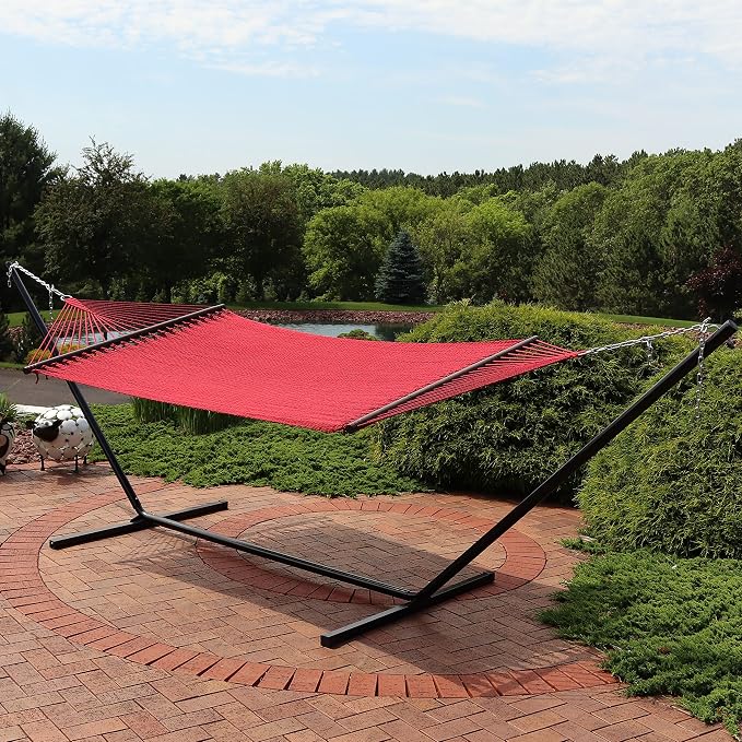 Sunnydaze Polyester Rope Double Hammock with 15-Foot Steel Stand - 400-Pound Capacity - Red