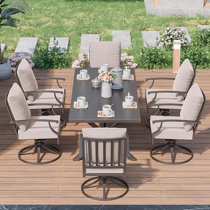 Kurapika 7 Pieces Patio Dining Set Outdoor Furniture with 6 Swivel Chairs, Metal Patio Furniture Set 6 Chairs and Large Table with Umbrella Cutout for Yard Porch Deck, Sand