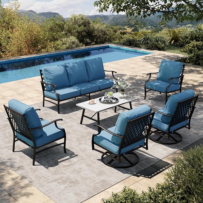 HERA'S HOUSE 6 Piece Patio Furniture Set, 2 x Swivel Chair, 2 x Fixed Chair, 1 x 3-Seat Sofa with Marbling Coffee Table, All Weather Outdoor Conversation Set for Lawn Garden Backyard, Navy Blue