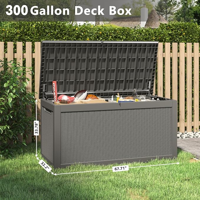 Bifanuo Outdoor Storage Box, 300 Gallon Deck Boxes Waterproof, Resin Storage Cabinet Multi Functional Storage Bench For Gardening Tools, Pool Supplies, Patio Furniture, Lockable