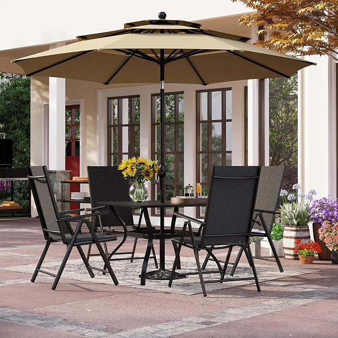 PHI VILLA Outdoor Patio Dining Set with Umbrella for 4, Folding Chairs | Light-weight & portable, Breathable & quick-drying textilene fabric, Weather-resiatant, 10Ft beige umbrella without base