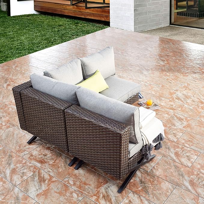 LOKATSE HOME 3 Piece Conversation Set Sectional Rattan Patio Furniture Include 2 Armless Chairs and 1 Corner Sofa with X-Shaped Legs, Brown