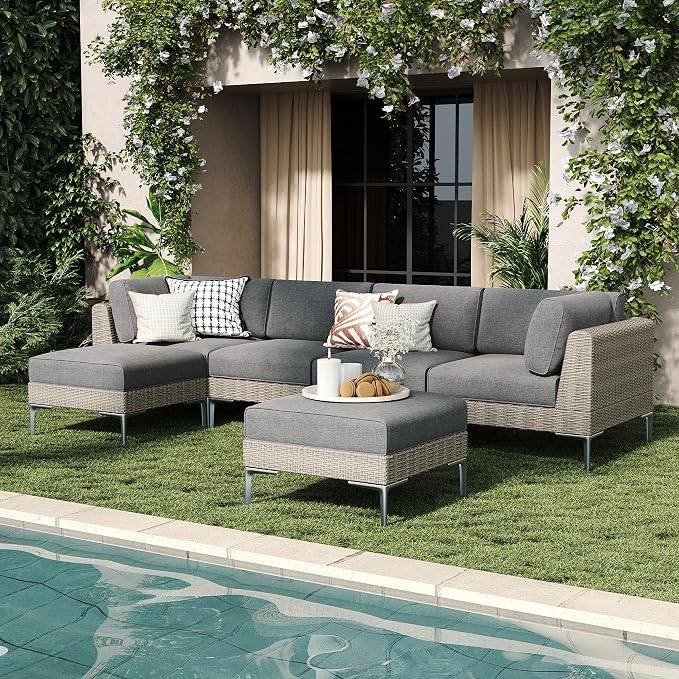 LayinSun 6-Piece Wicker Rattan Patio Furniture Set, Deep Seating Outdoor Modular Sectional Sofa Conversation Set with Thick Cushions for Lawn, Garden