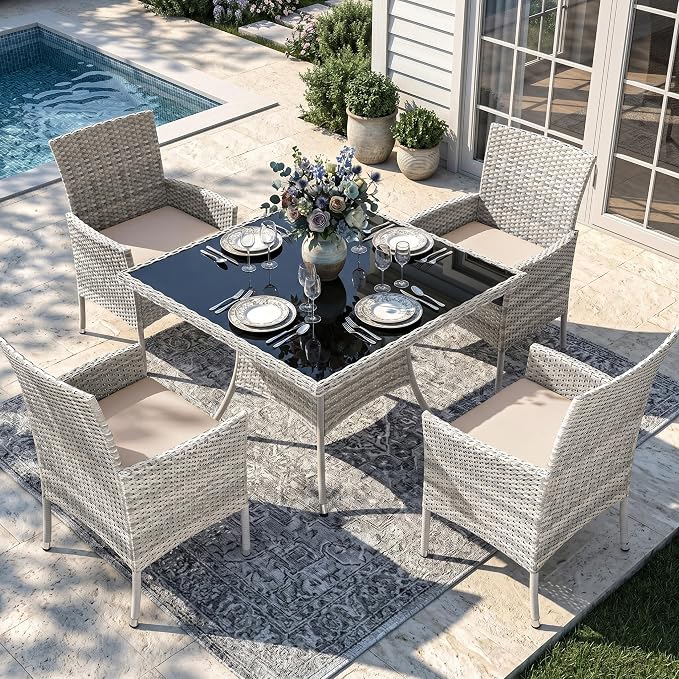 Outdoor Dining Set, 5-Piece Patio Furniture Set with Tempered Glass Table and 4 Cushioned Chairs, Dual-Strand Wicker Rattan, Balcony Furniture for Backyard, Garden, Deck,– Beige