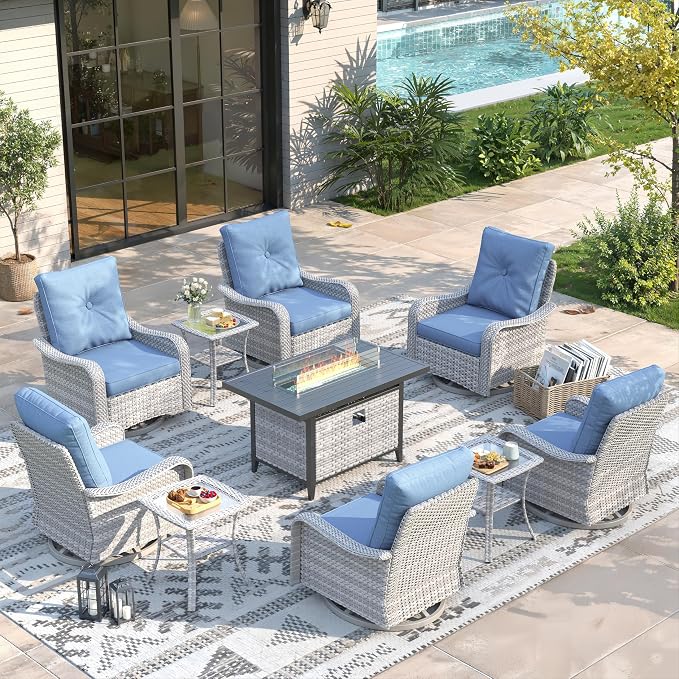 10 Piece Wicker Patio Furniture Set with 55,000 BTU Fire Pit Table, Swivel Rocking Chairs, 4''Cushions, PE Rattan, Wind Guard Glass, for Backyard, Deck or Balcony, Navy