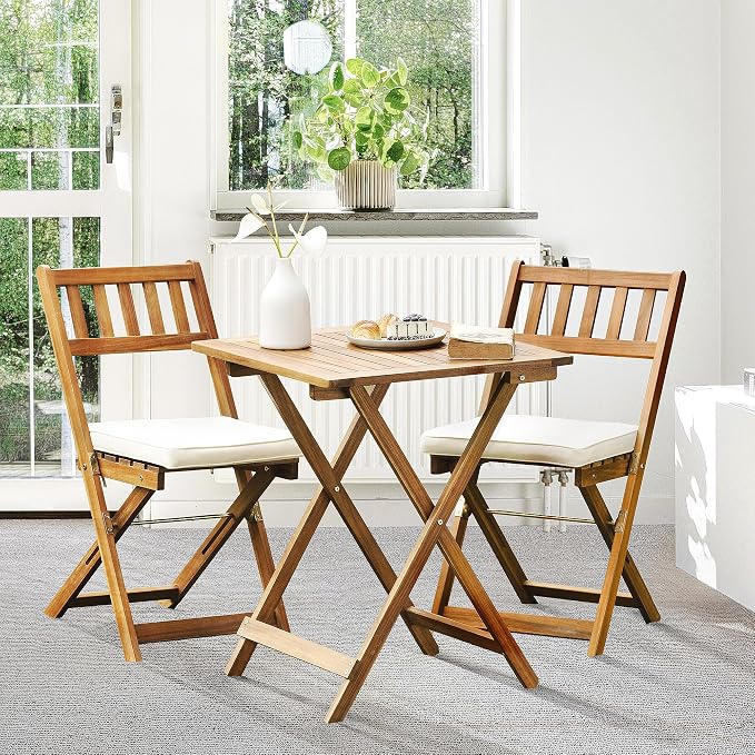 Idzo Heavy Duty 400lbs Capacity Patio Bistro Set 3 Piece Outdoor, Folding Chairs w/Cushion, Square Table, FSC-Certified Acacia Wood, Space-Saving Design for Balcony, Garden and Porch - Upgrade