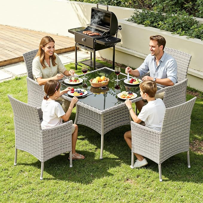 5-Piece Patio Dining Set, Patio Furniture Set with Square Tempered Glass Table & 4 Wicker Chairs, Expandable Design for Larger Groups, Outdoor Furniture for Backyard, Deck, Garden, Beige