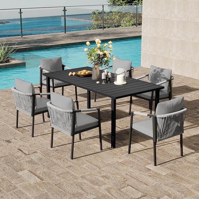 Patio Dining Set for 6, Woven Rope Dining Chairs, Cushions, for Lawn Garden | 7-piece patio dining set for 6, woven rope rattan dining table and chairs set, cushions, all-weather for lawn garden
