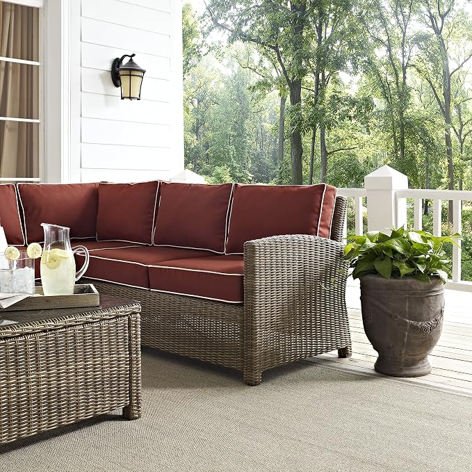 Crosley Furniture Bradenton 5-Piece Outdoor Sectional Sofa Wicker Conversation Patio Furniture Set for Deck, Brown with Sangria Cushions