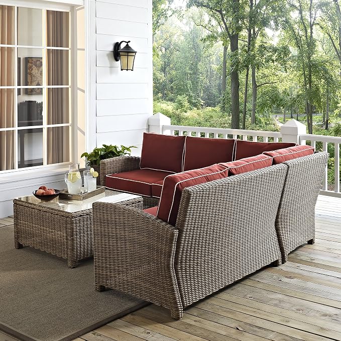 Crosley Furniture Bradenton 4-Piece Outdoor Sectional Sofa Wicker Conversation Patio Furniture Set for Deck, Brown with Sangria Cushions